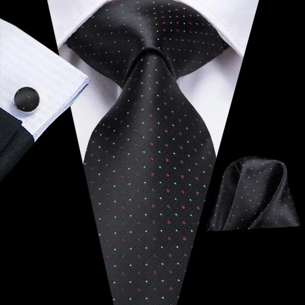 Black Tie With Red and White Polka Dots. made from jacquard woven silk and Includes Matching Cuff Links and Pocket Square