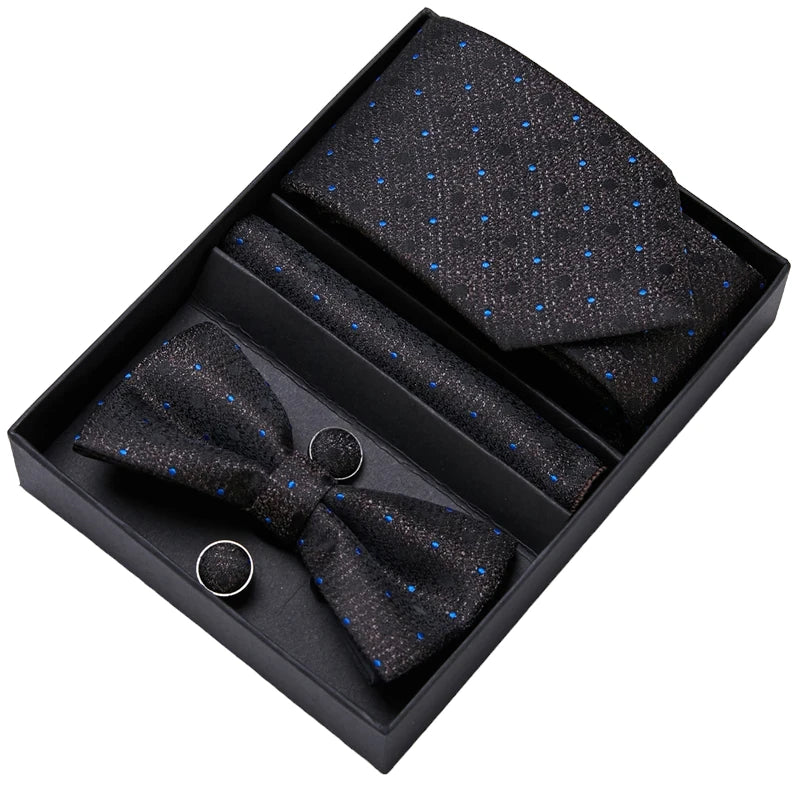 Black and Blue Tie, Bow Tie, Pocket Square and Cuff Links Gift Set