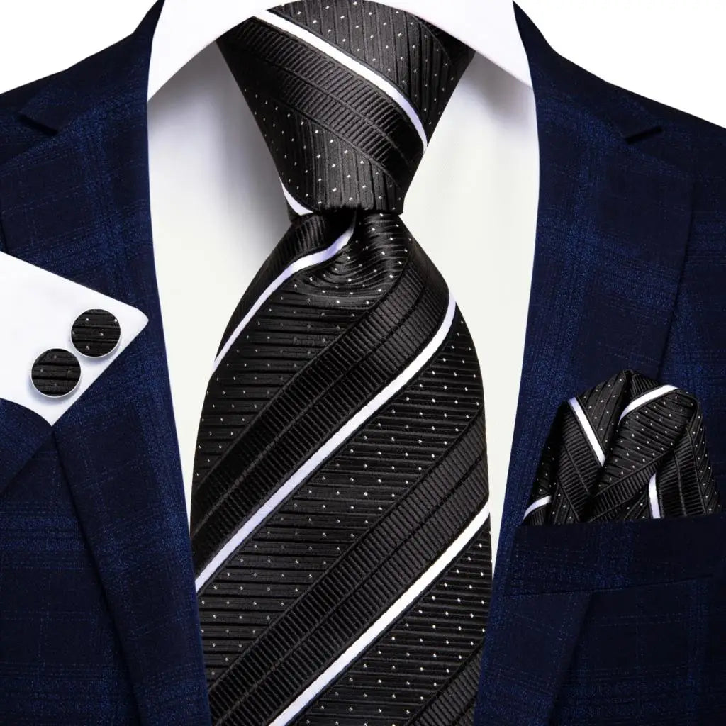 Black and White Striped Tie made from jacquard woven silk. Includes Matching Cuff Links and Pocket Square