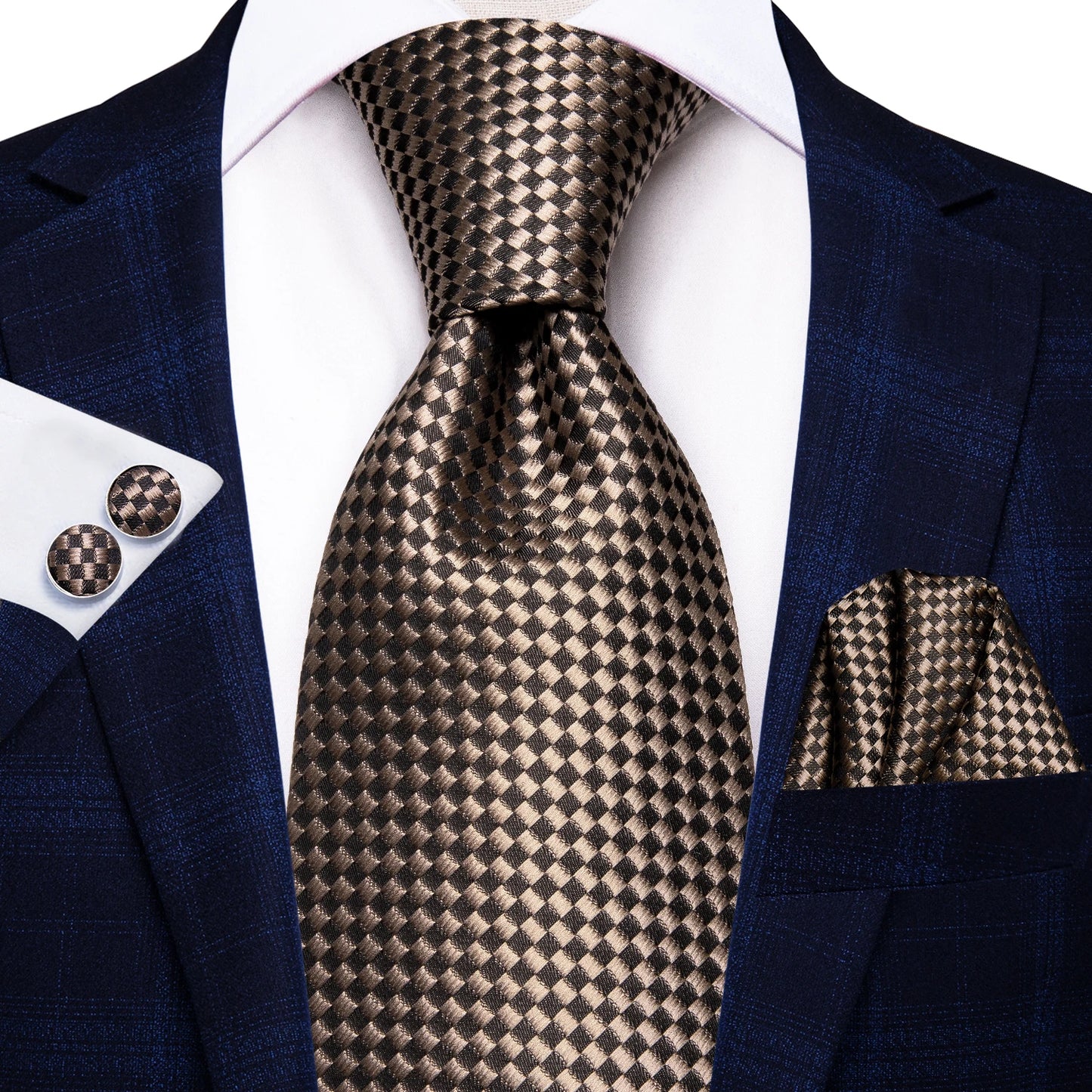Brown Geometric Tie With Matching Cuff Links and Pocket Square