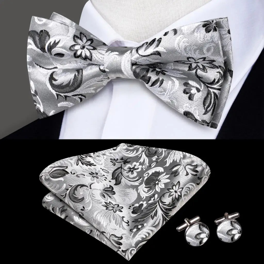 Gray Floral Design Bow Tie With Matching Cuff Links and Pocket Square