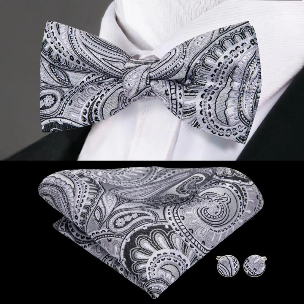 Gray Paisley Design Bow Tie With Matching Cuff Links and Pocket Square