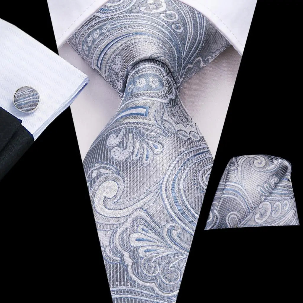 Gray and Blue Paisley Tie With Matching Cuff Links and Pocket Square