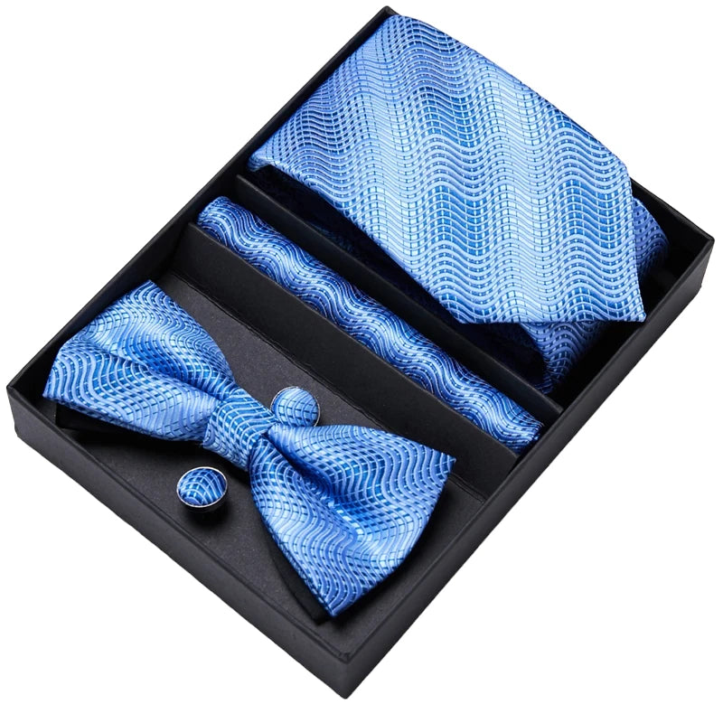 Light Blue Tie, Bow Tie, Pocket Square and Cuff Links Gift Set