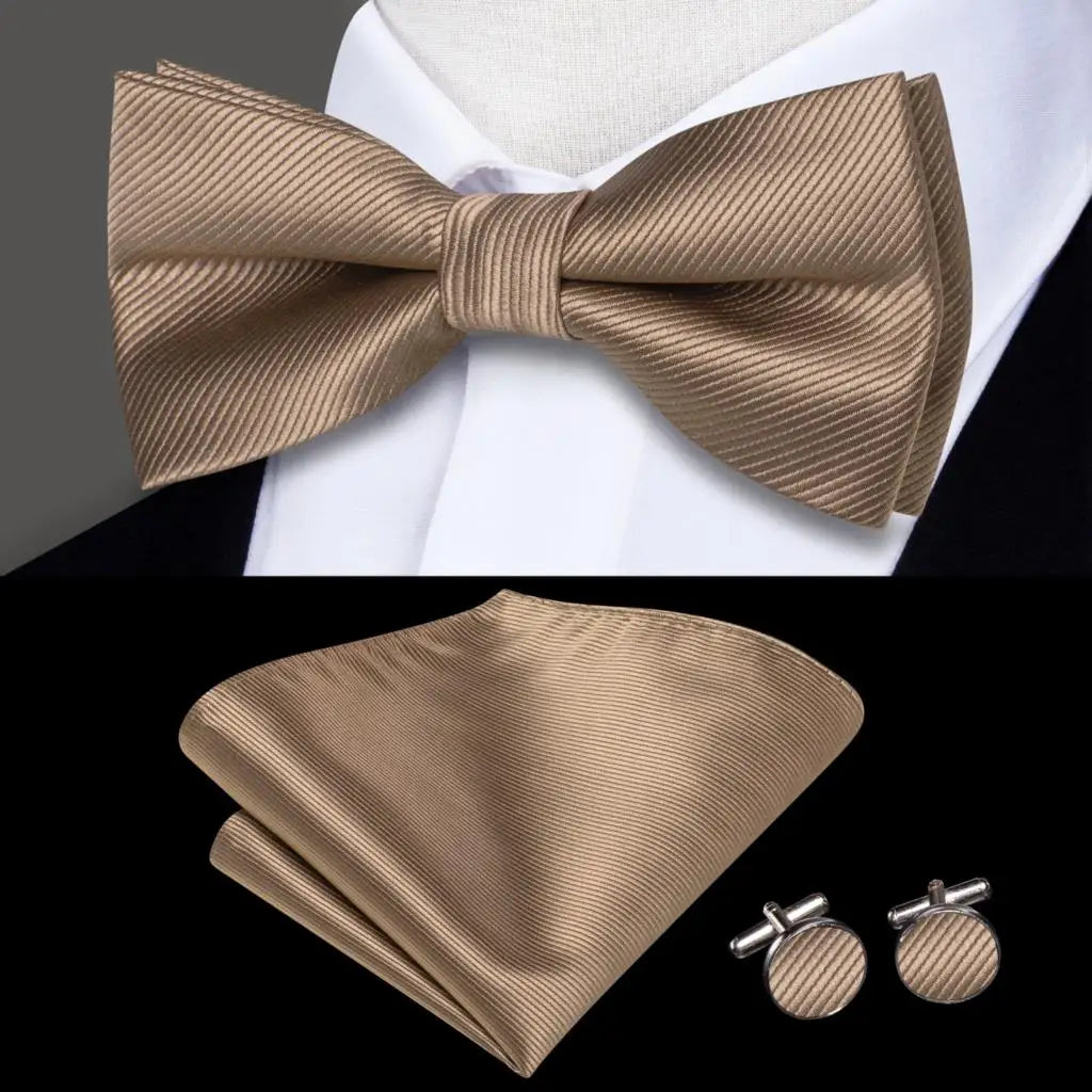 Plain Light Brown Textured Bow Tie With Matching Cuff Links and Pocket Square