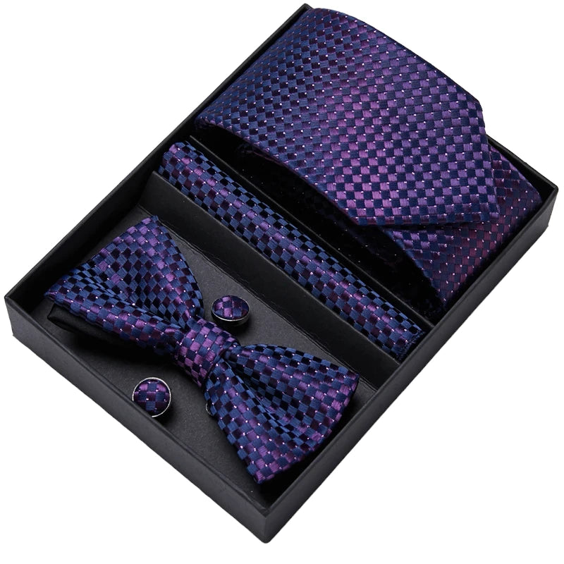 Purple Check Design Tie, Bow Tie, Pocket Square and Cuff Links Gift Set