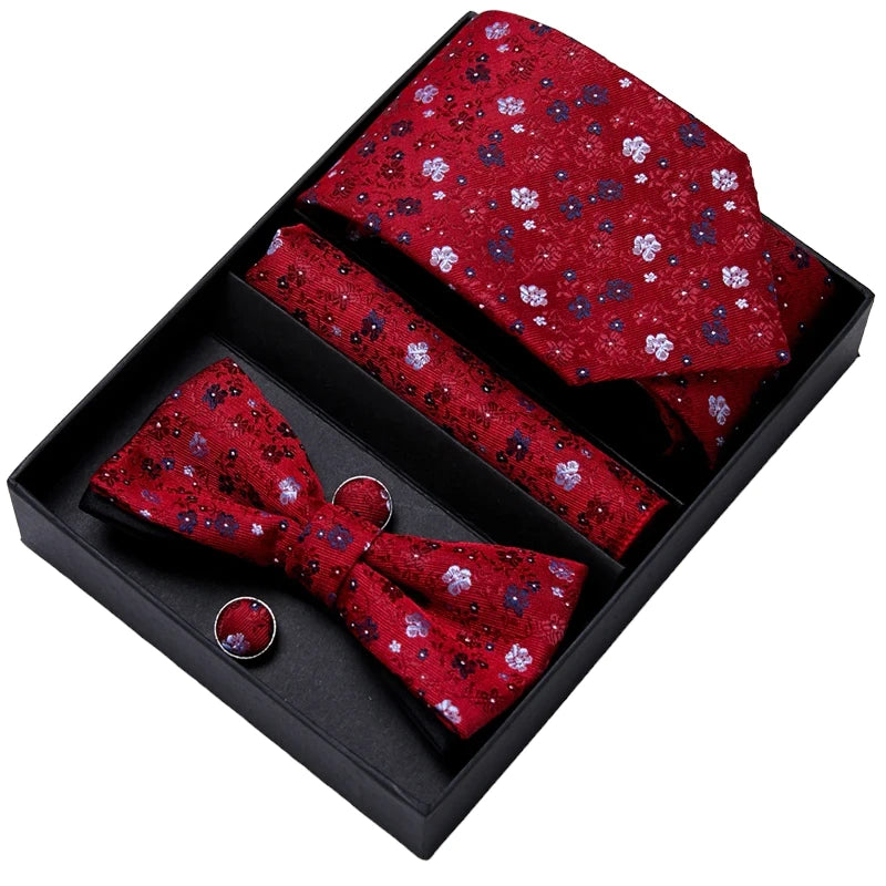 Red Floral Pattern Tie, Bow Tie, Pocket Square and Cuff Links Gift Set