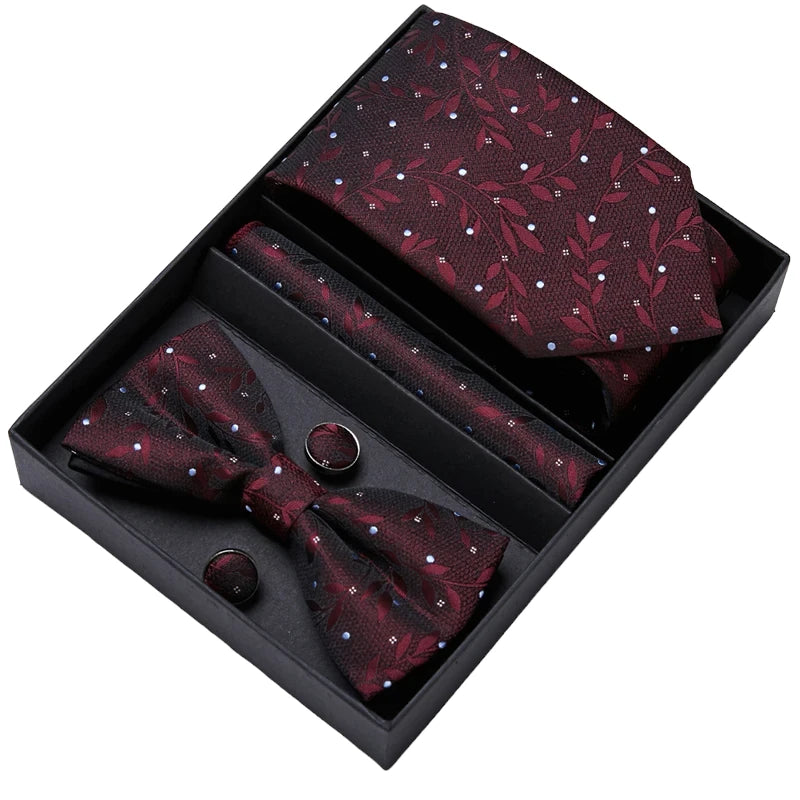 Red and Black Floral Design Tie, Bow Tie, Pocket Square and Cuff Links Gift Set