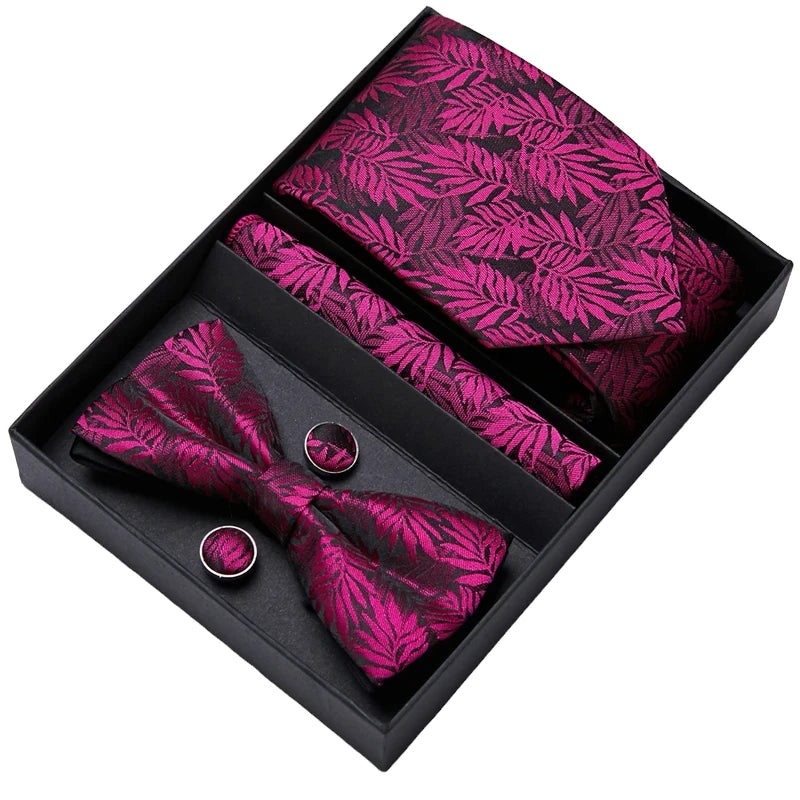 Red and Black Floral Pattern Tie, Bow Tie, Pocket Square and Cuff Links Gift Set