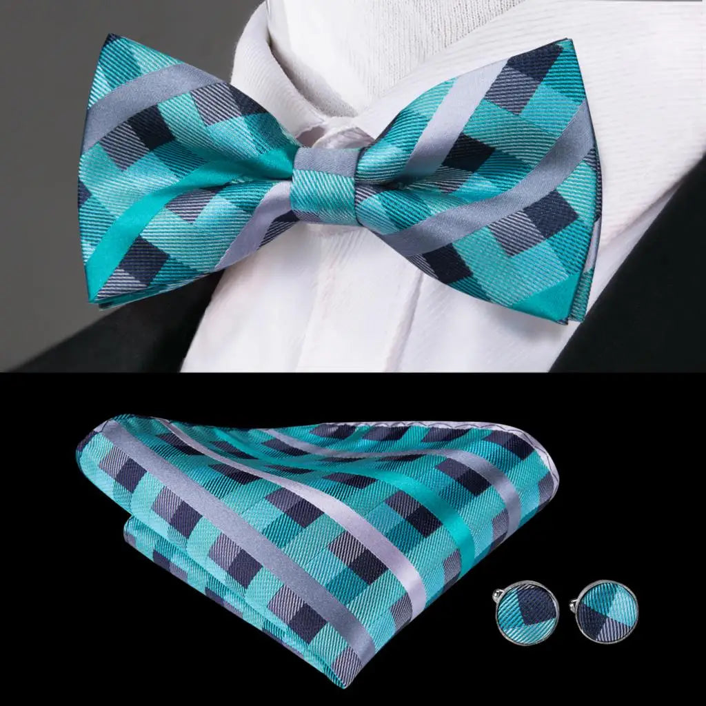 Turquoise and Grey Check Design Bow Tie With Matching Cuff Links and Pocket Square