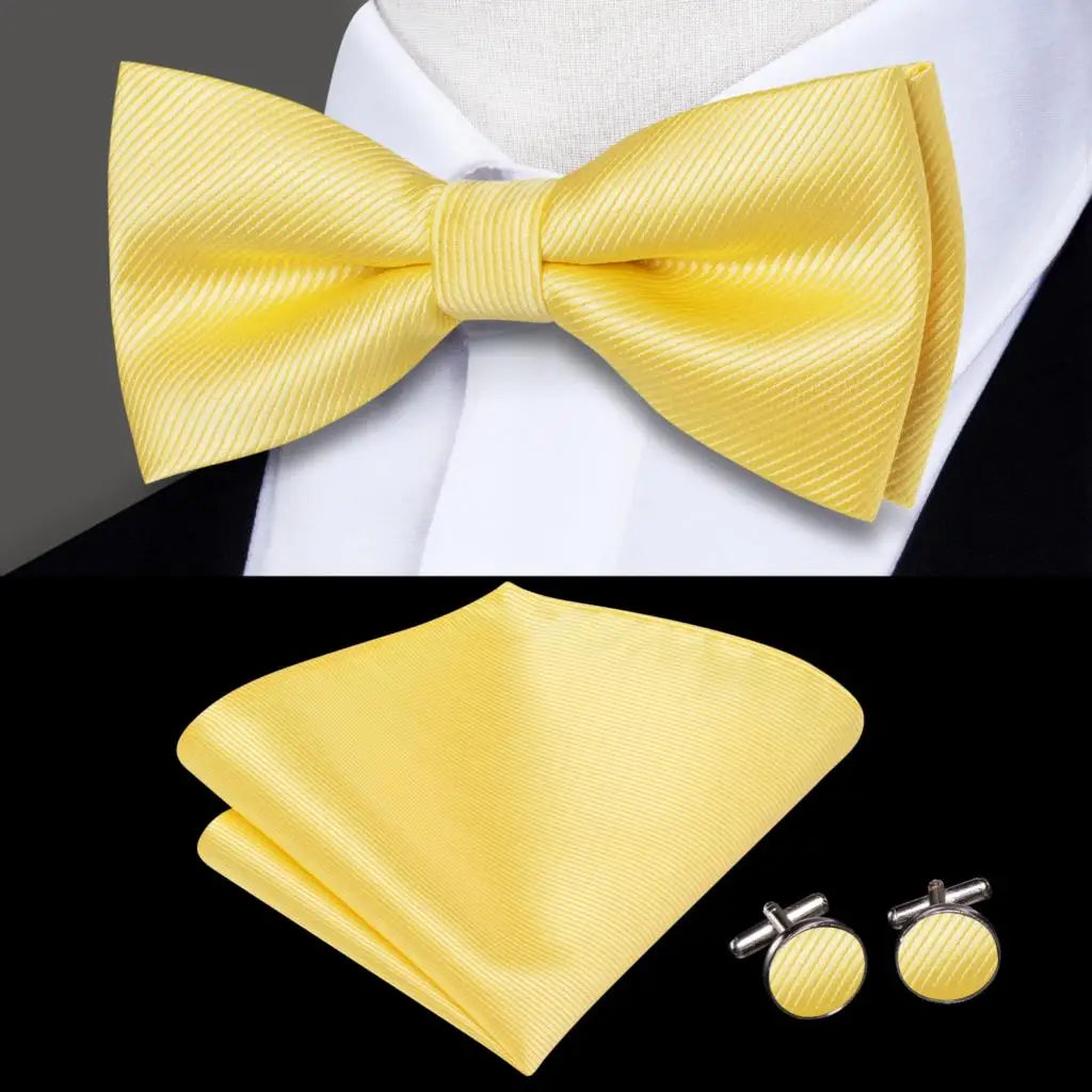 Yellow Textured Bow Tie With Matching Cuff Links and Pocket Square