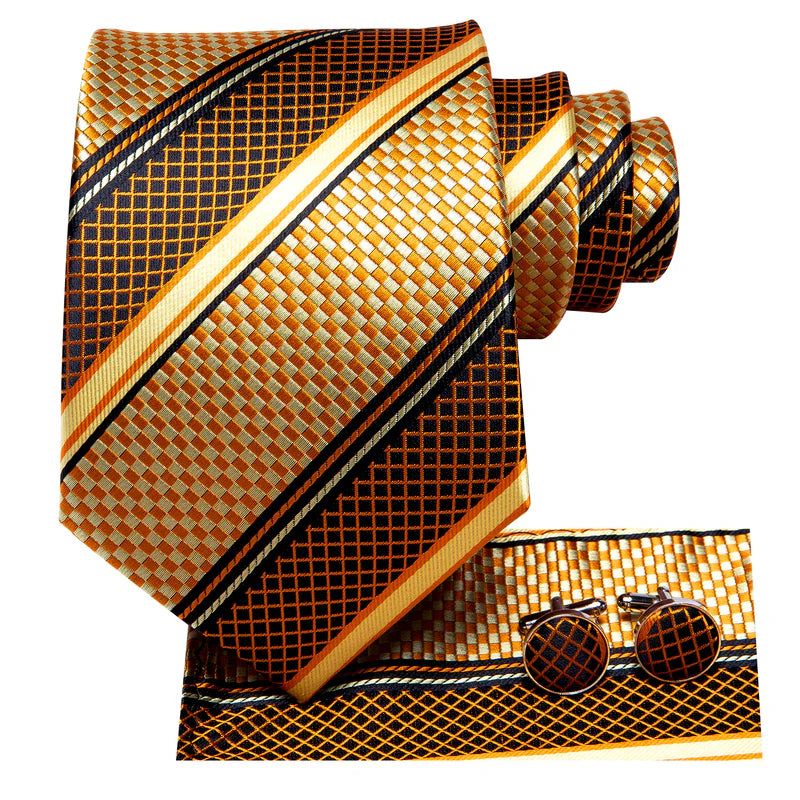 gold striped plaid silk tie with matching cuff links and pocket square