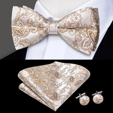 paisley bow ties with cuff links and pocket square