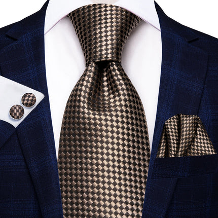 brown ties with matching cuff links and pocket square