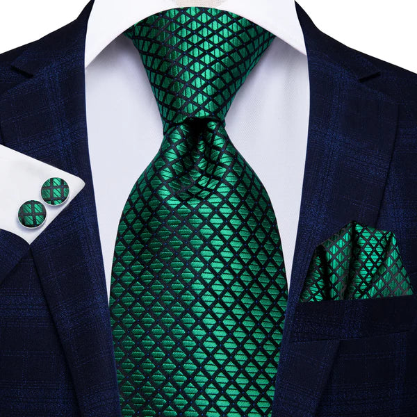green silk ties with matching cuff links and pocket square