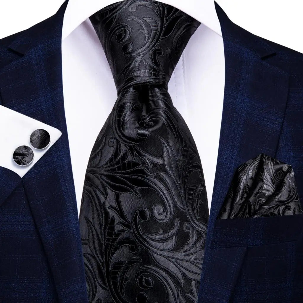 black wedding ties with matching cuff links and pocket square