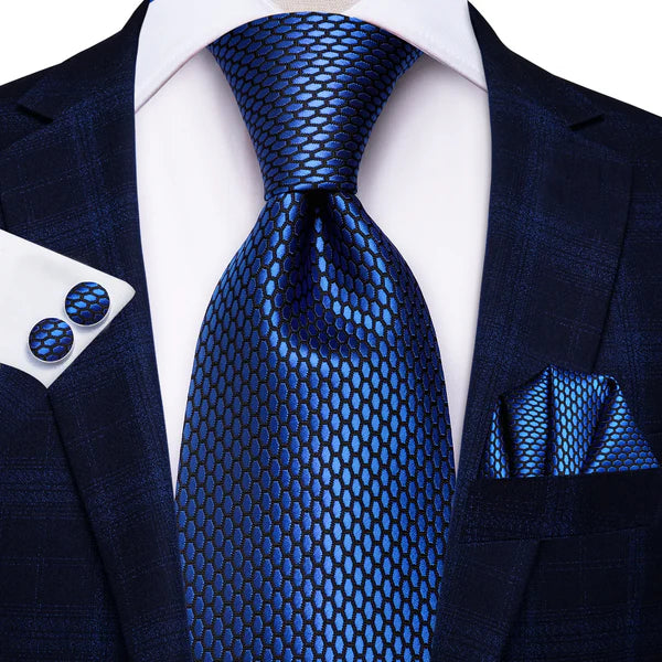 blue ties with matching cuff links and pocket square