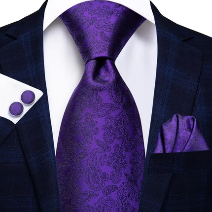 purple ties with matching cuff links and pocket square