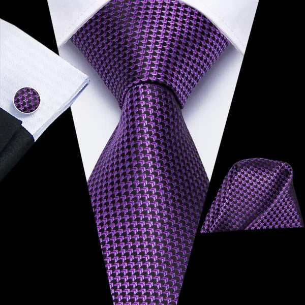 geometric ties with matching cuff links and pocket square