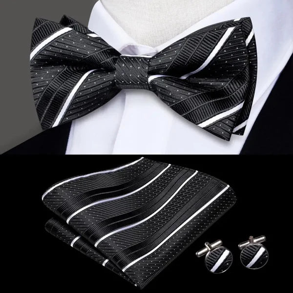 striped bow ties with matching cuff links and pocket square