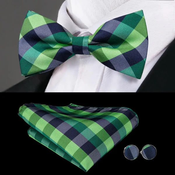 checked design bow ties with matching cuff links and pocket square