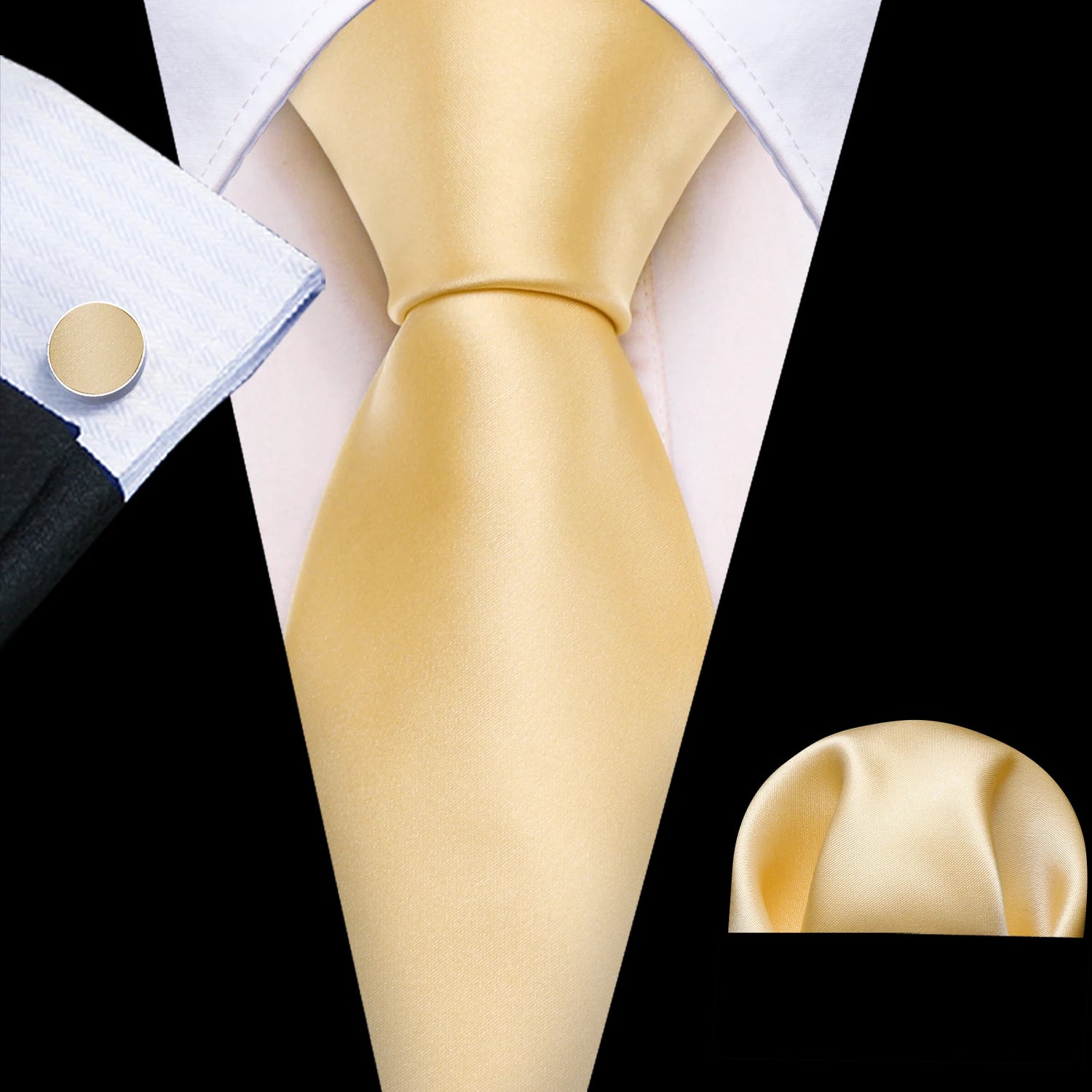 gold wedding ties with matching cuff links and pocket square
