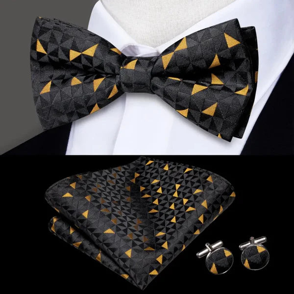 geometric patterned bow ties with matching cuff links and pocket square