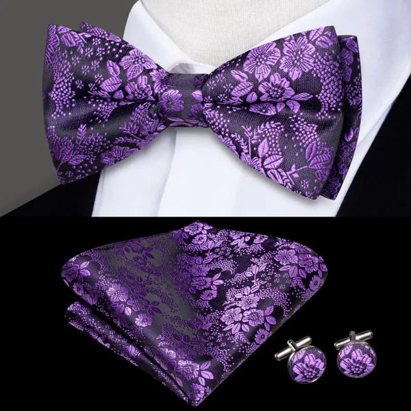floral design bow ties with matching cuff links and pocket square