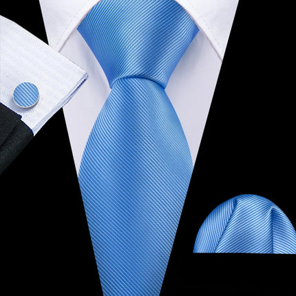 blue ties with matching cuff links and pocket squares