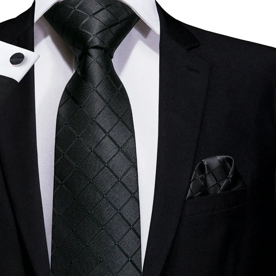 Black Check Pattern Tie With Cuff Links and Pocket Square 