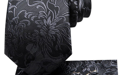 Black Floral Design Silk Tie with matching cufflinks and pocket square