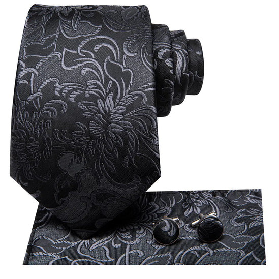 Black Floral Design Silk Tie with matching cufflinks and pocket square