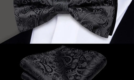 Black Paisley Bow Tie With Matching Cuff Links and Pocket Square