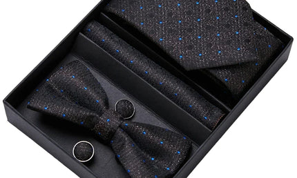 Black and Blue Tie, Bow Tie, Pocket Square and Cuff Links Gift Set