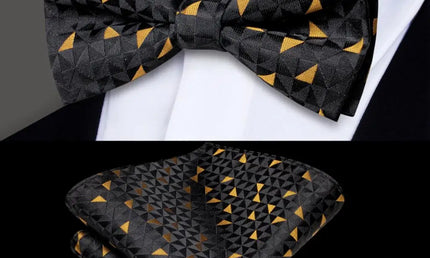 Black and Gold Geometric Bow Tie With Matching Cuff Links and Pocket Square