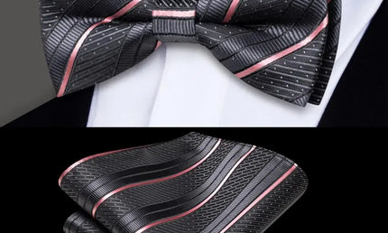 Black and Pink Striped Bow Tie With Matching Cuff Links and Pocket Square