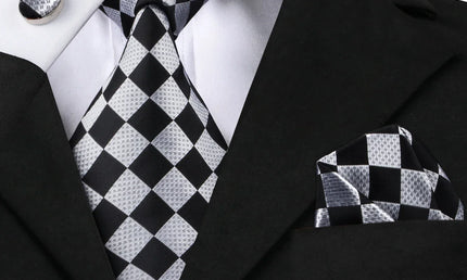 Black and Silver Check Pattern Tie With Cuff Links and Pocket Square