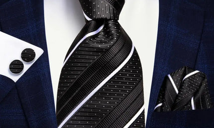 Black and White Striped Tie made from jacquard woven silk.  Includes Matching Cuff Links and Pocket Square
