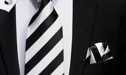Black and White Striped Tie made from jacquard woven silk. Includes Matching Cuff Links and Pocket Square