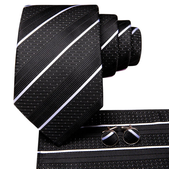 Black and White Striped Tie with matching cufflinks and pocket square