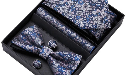 Blue Floral Pattern Tie, Bow Tie, Pocket Square and Cuff Links Gift Set
