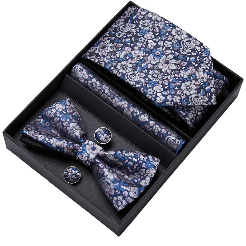 Blue Floral Pattern Tie, Bow Tie, Pocket Square and Cuff Links Gift Set