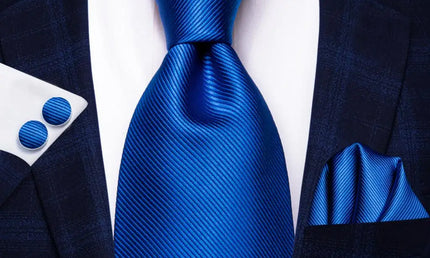 Blue Textured Pattern Tie With Matching Cuff Links and Pocket Square
