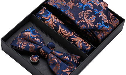 Blue and Brown Floral Pattern Tie, Bow Tie, Pocket Square and Cuff Links Gift Set