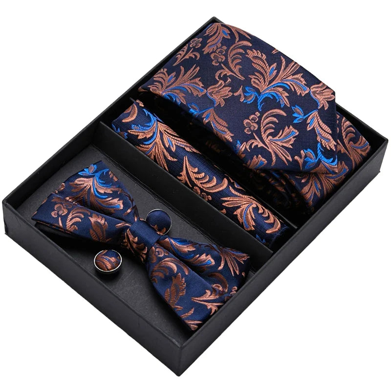 Blue and Brown Floral Pattern Tie, Bow Tie, Pocket Square and Cuff Links Gift Set