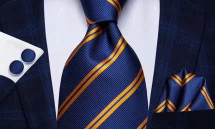 Blue and Gold Striped Tie With Matching Cuff Links and Pocket Square