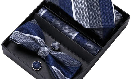 Blue and Gray Striped Tie, Bow Tie, Pocket Square and Cuff Links Gift Set