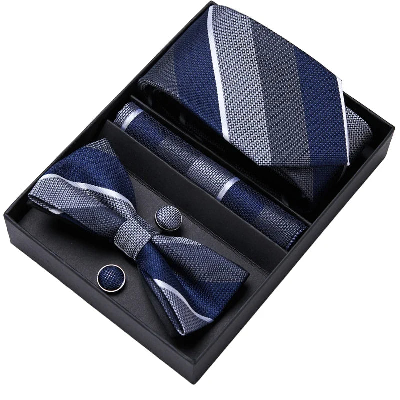 Blue and Gray Striped Tie, Bow Tie, Pocket Square and Cuff Links Gift Set