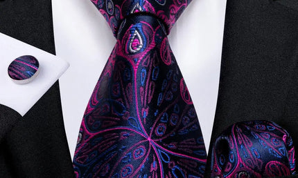 Blue and Pink Paisley Tie With Matching Cuff Links and Pocket Square