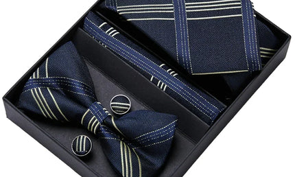 Blue and White Striped Tie, Bow Tie, Pocket Square and Cuff Links Gift Set